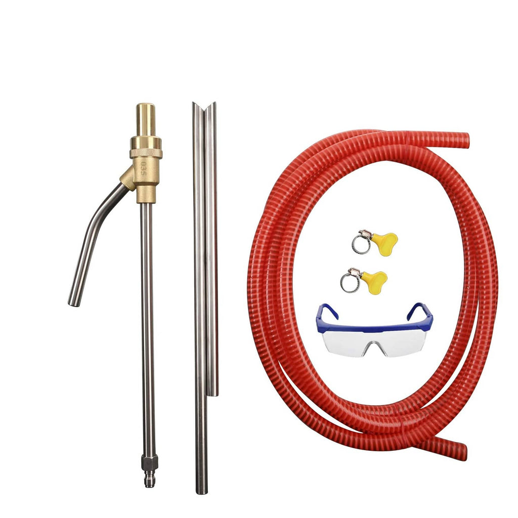 Sandblaster attachment kit with red hose, brass adapter, metal wands, and safety goggles