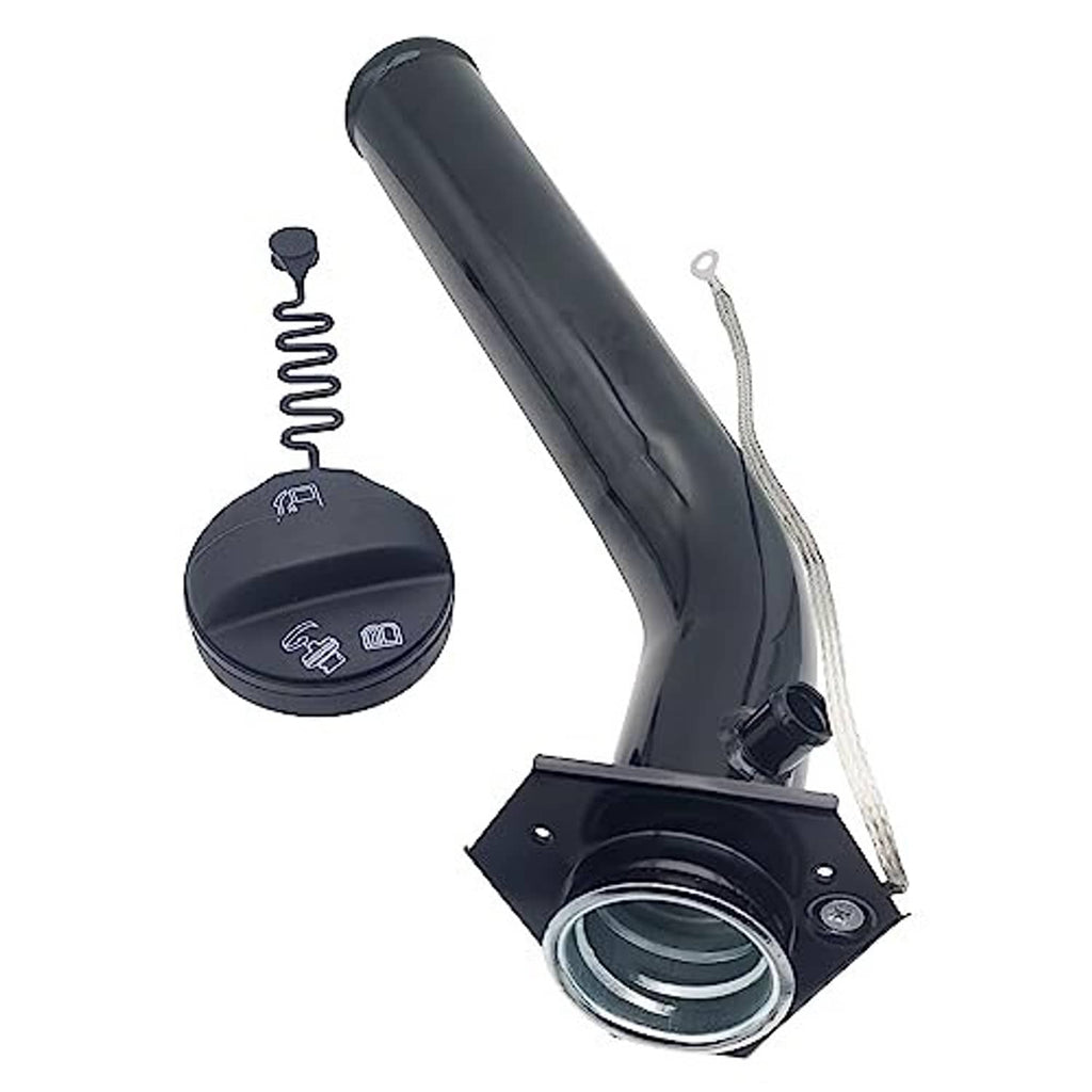 Fuel tank filler neck hose with black cap, spring, and metal mounting base