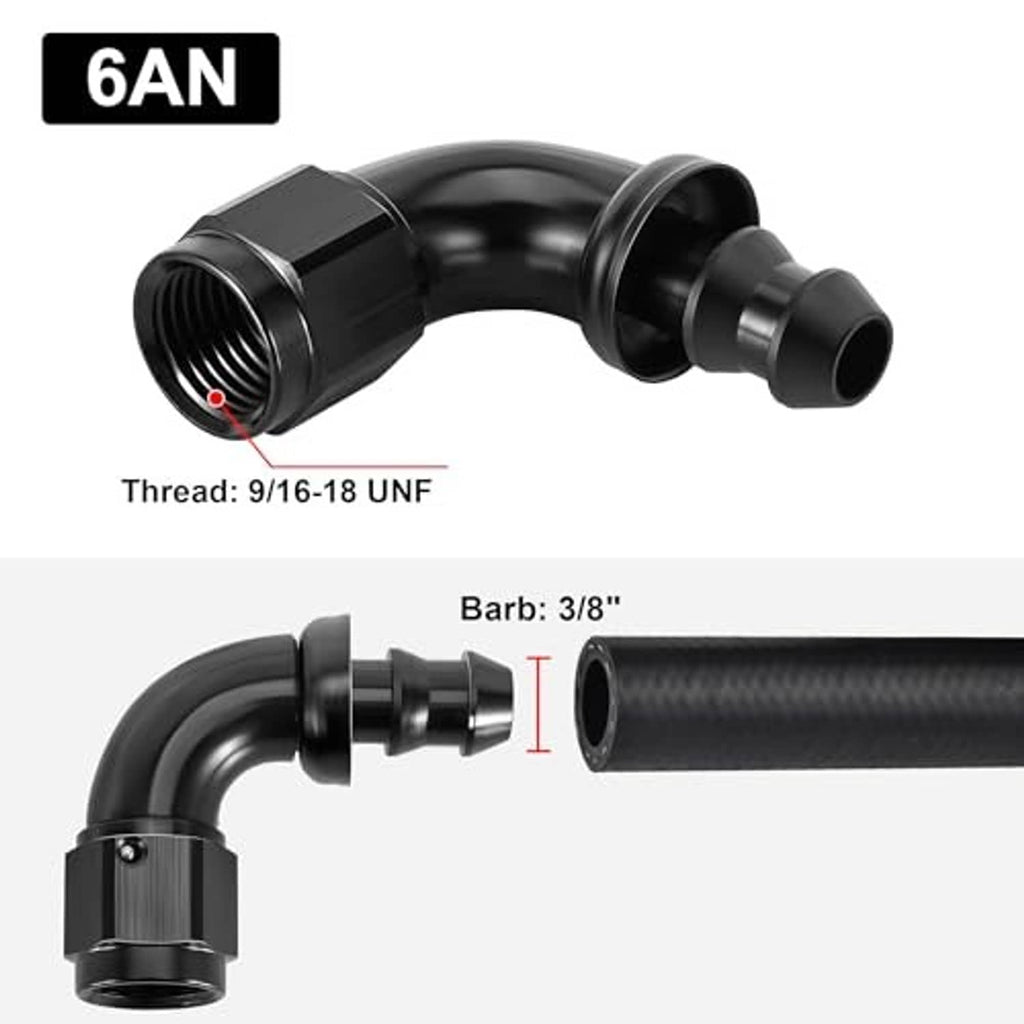 Black 6AN 90-degree push-lock hose end fitting with threaded port and barbed end