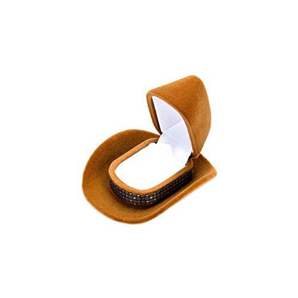 Brown velvet cowboy hat jewelry box, open top with white cushion insert