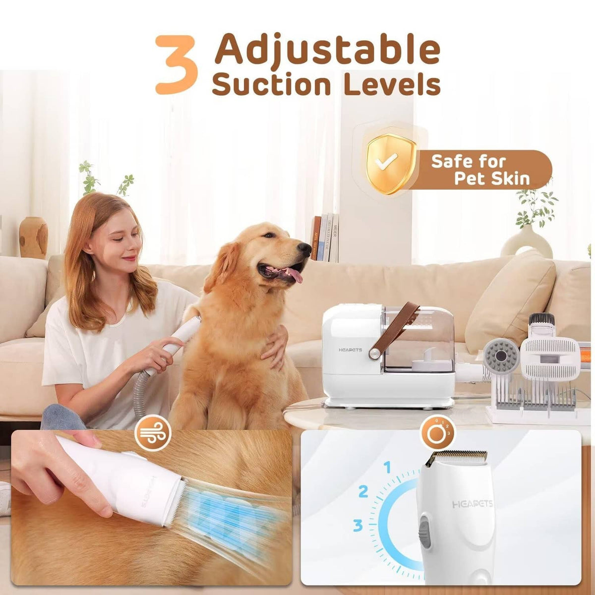 White pet grooming vacuum with handheld nozzle, hose, and tabletop grooming unit