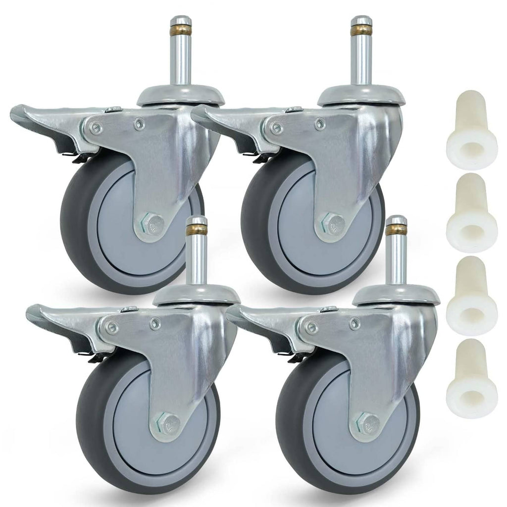 Set of 4 black stem caster wheels with swivel plates and brakes