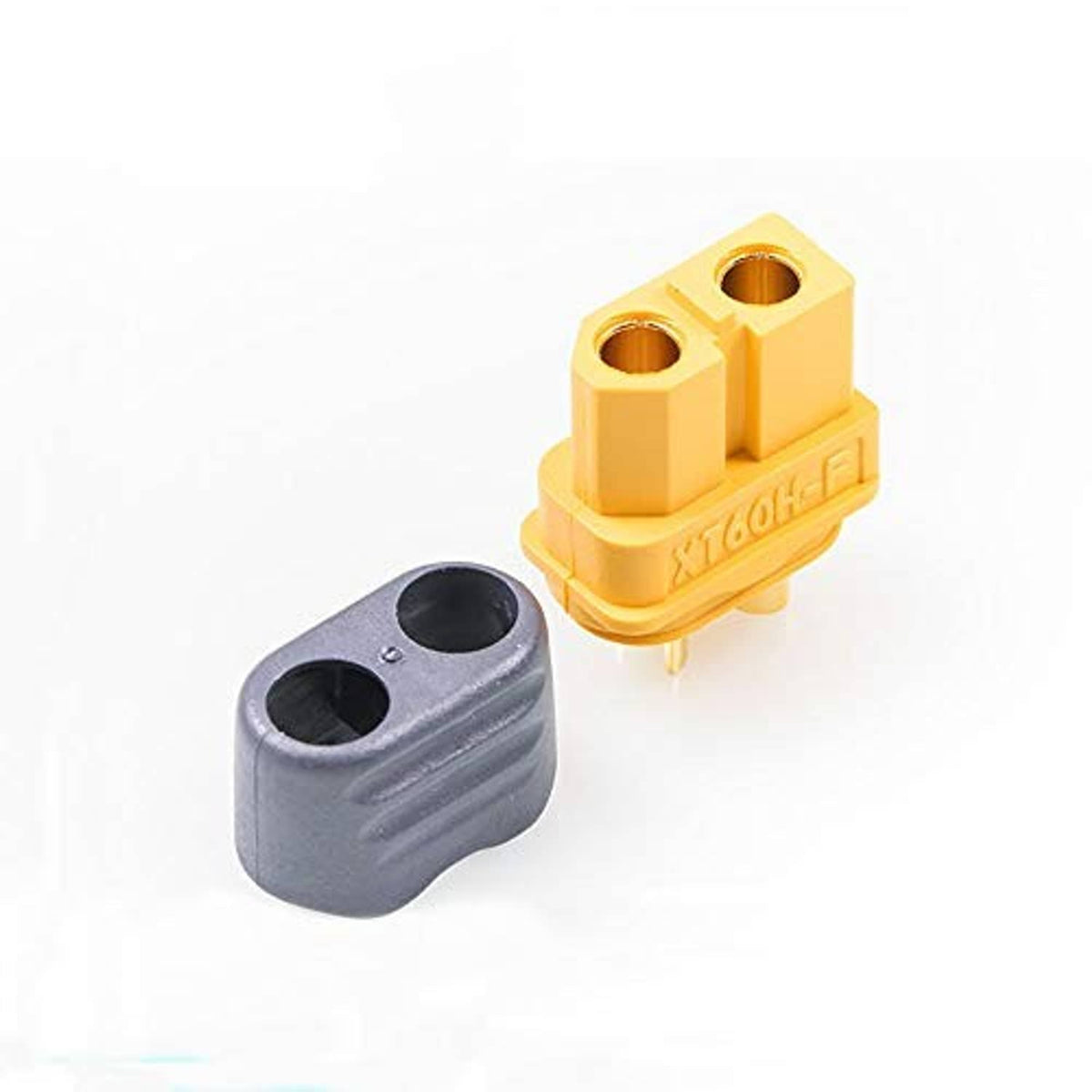 XT60-style bullet connector pair, yellow housing with dark gray male plug