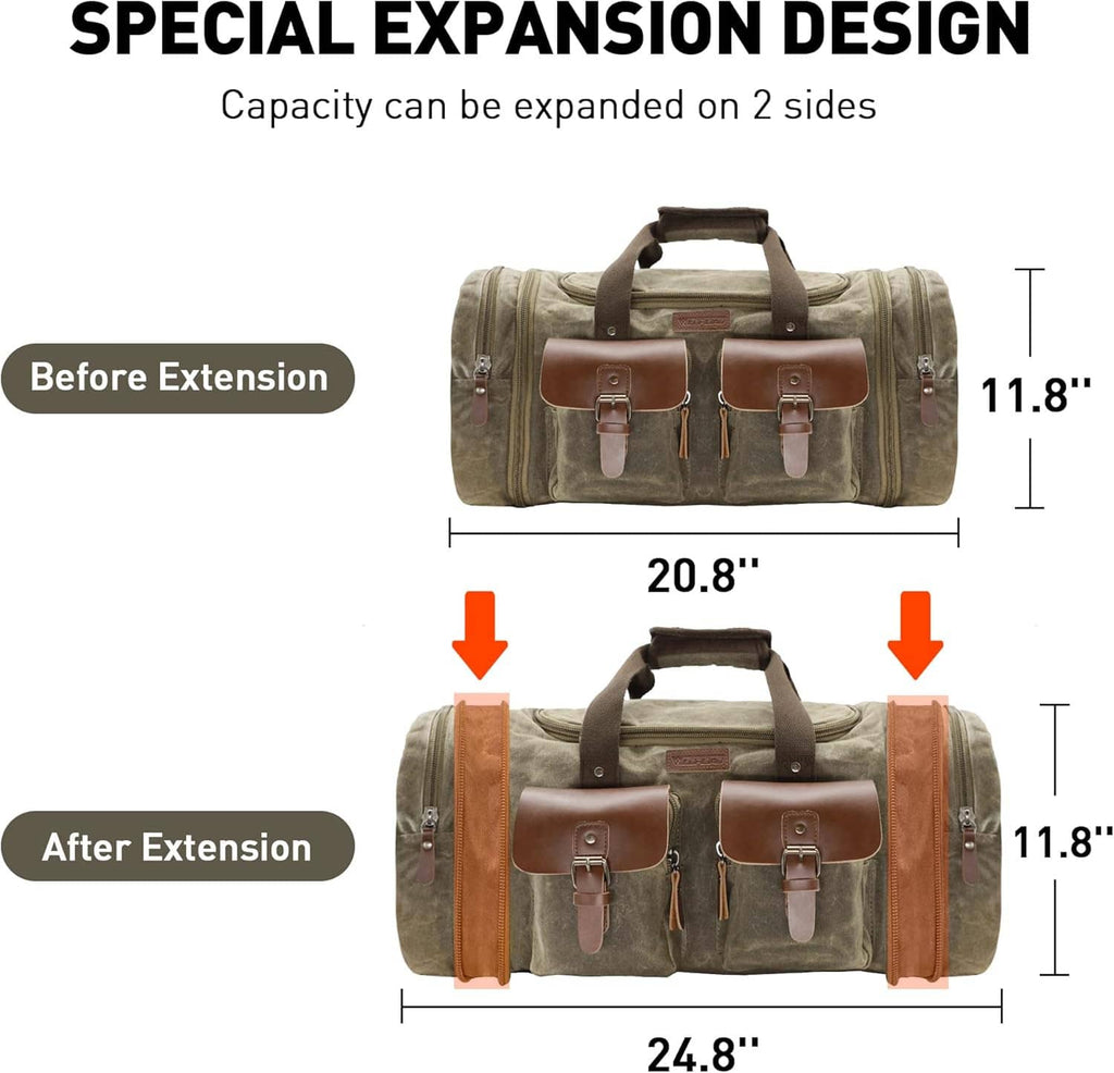 Waxed canvas duffel bag with expandable side panels and tan leather front pockets