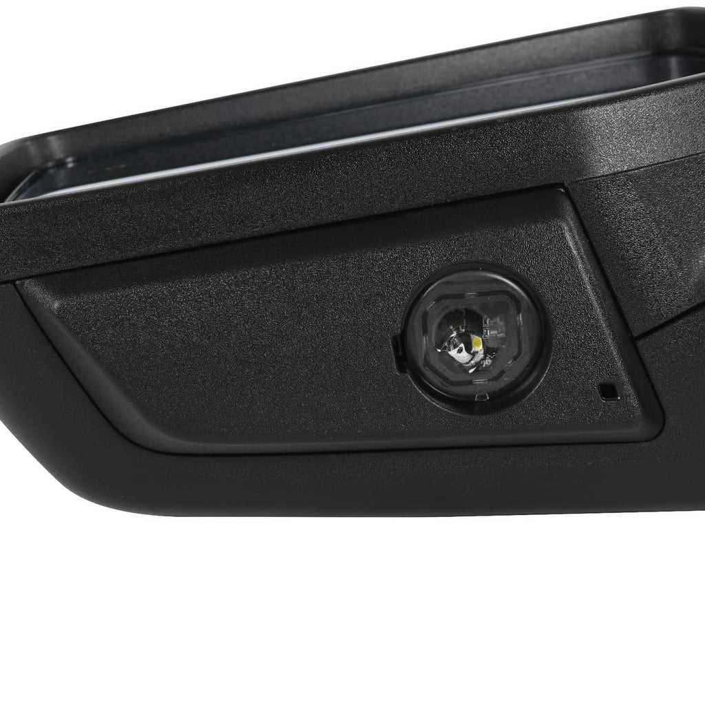 Black power heated side mirror with circular lamp detail and control sensor opening