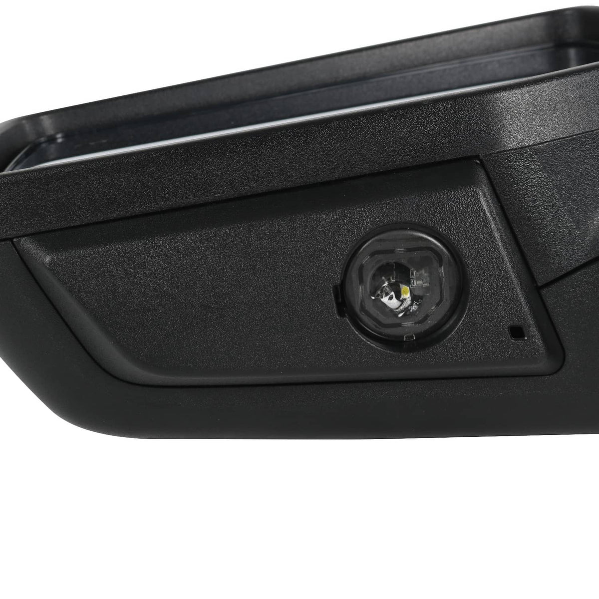 Black power heated side mirror with circular lamp detail and control sensor opening