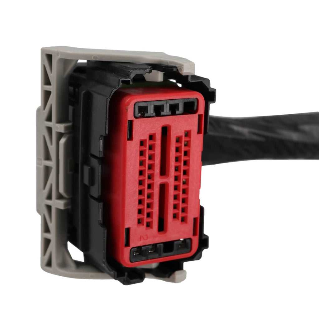 Engine wire harness multi-pin connector with red interior and black wiring leads
