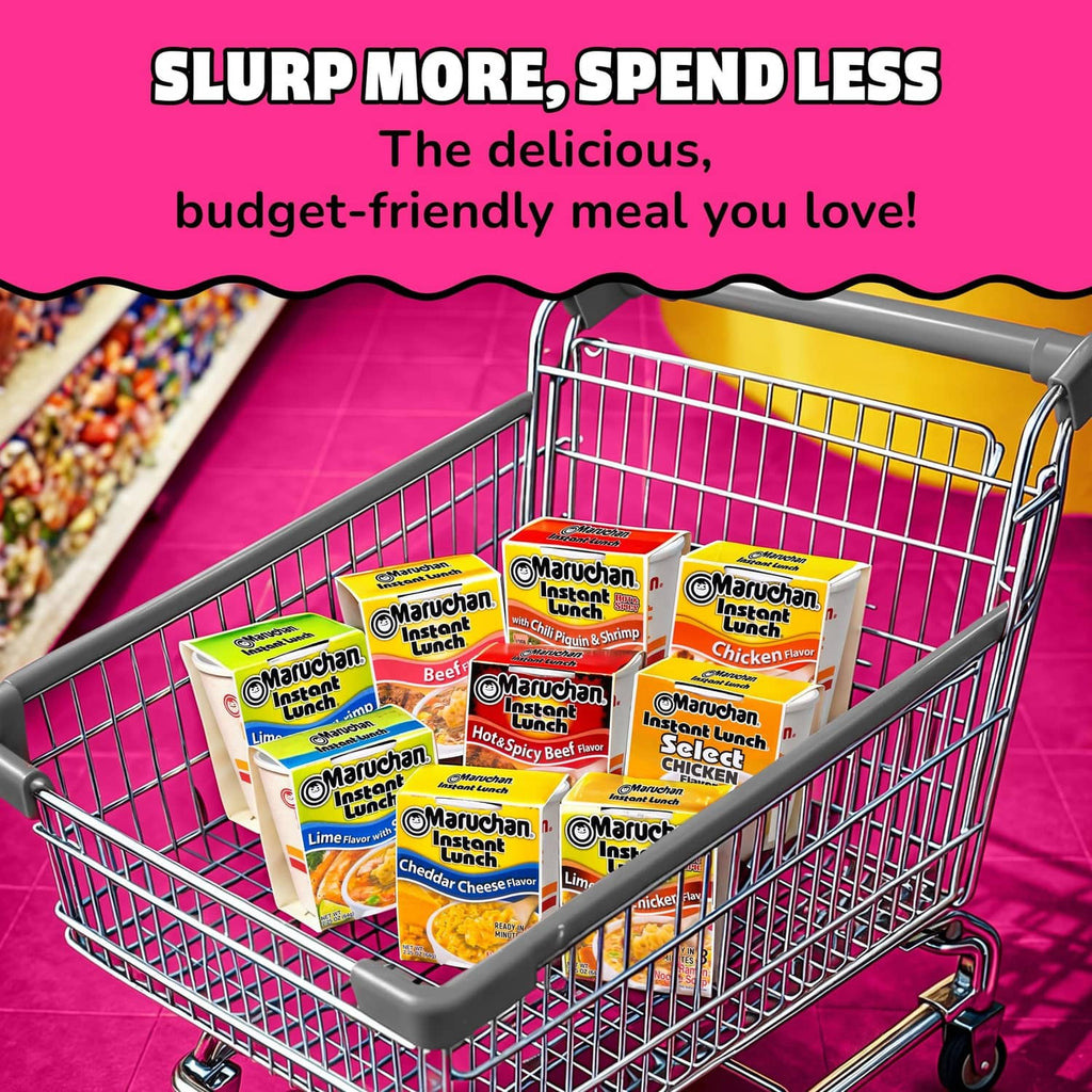 Wire shopping cart filled with Maruchan Instant Lunch ramen noodle cups