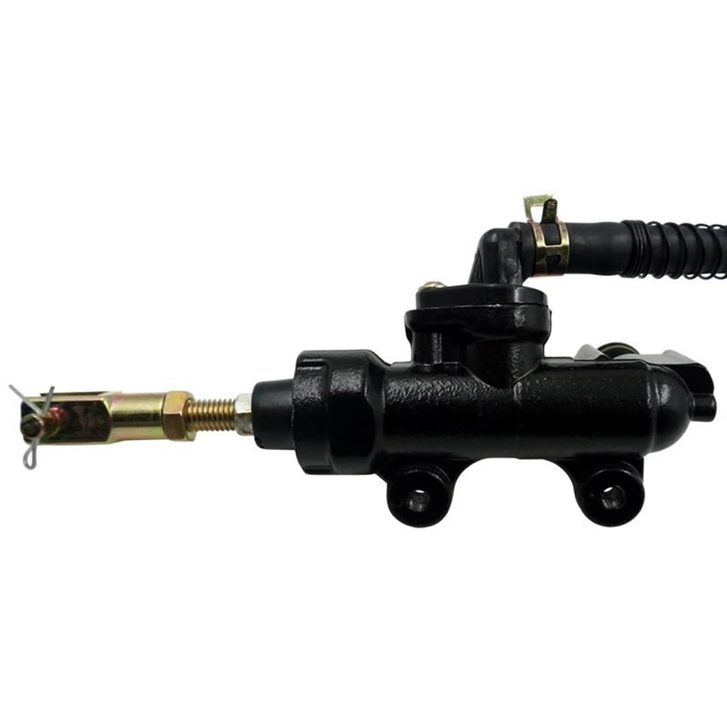Rear brake master cylinder pump, angled side view with linkage rod