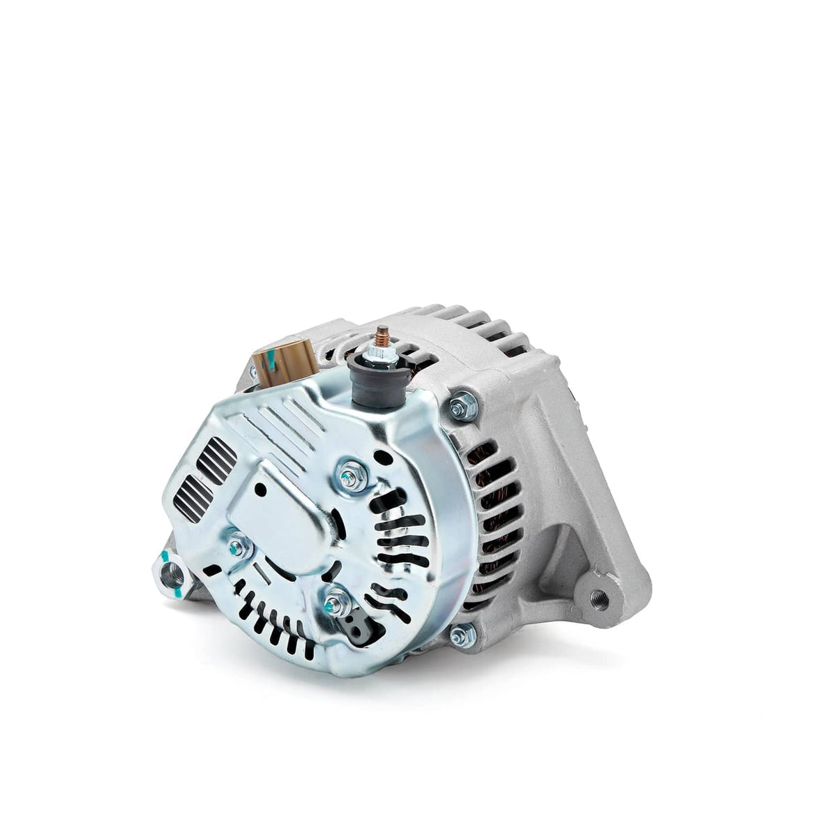 Silver alternator with front faceplate, vent fins, and top electrical post