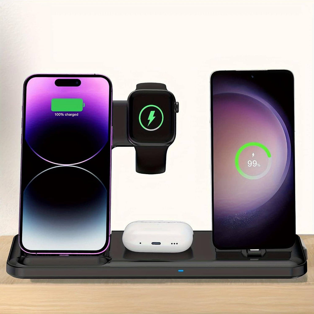 4-in-1 wireless charging station with black foldable stand for phone, watch, and earbuds
