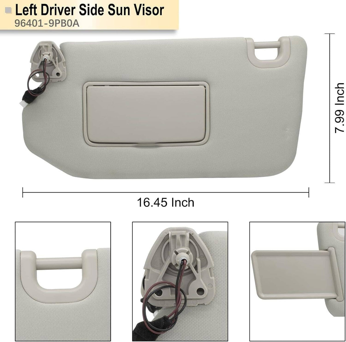 Gray left driver sun visor with lamp opening and mirror housing (with mounting details)