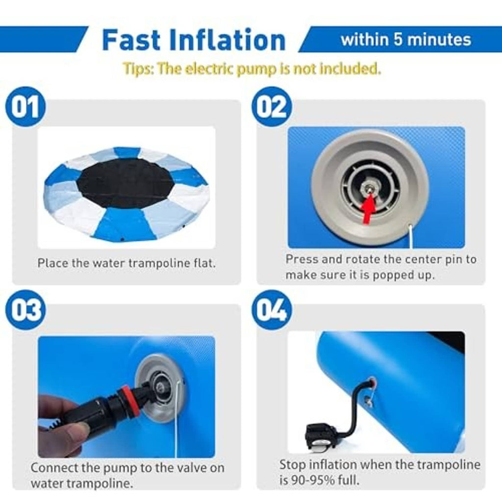 Water trampoline inflation guide with valve pin setup and pump connection steps.