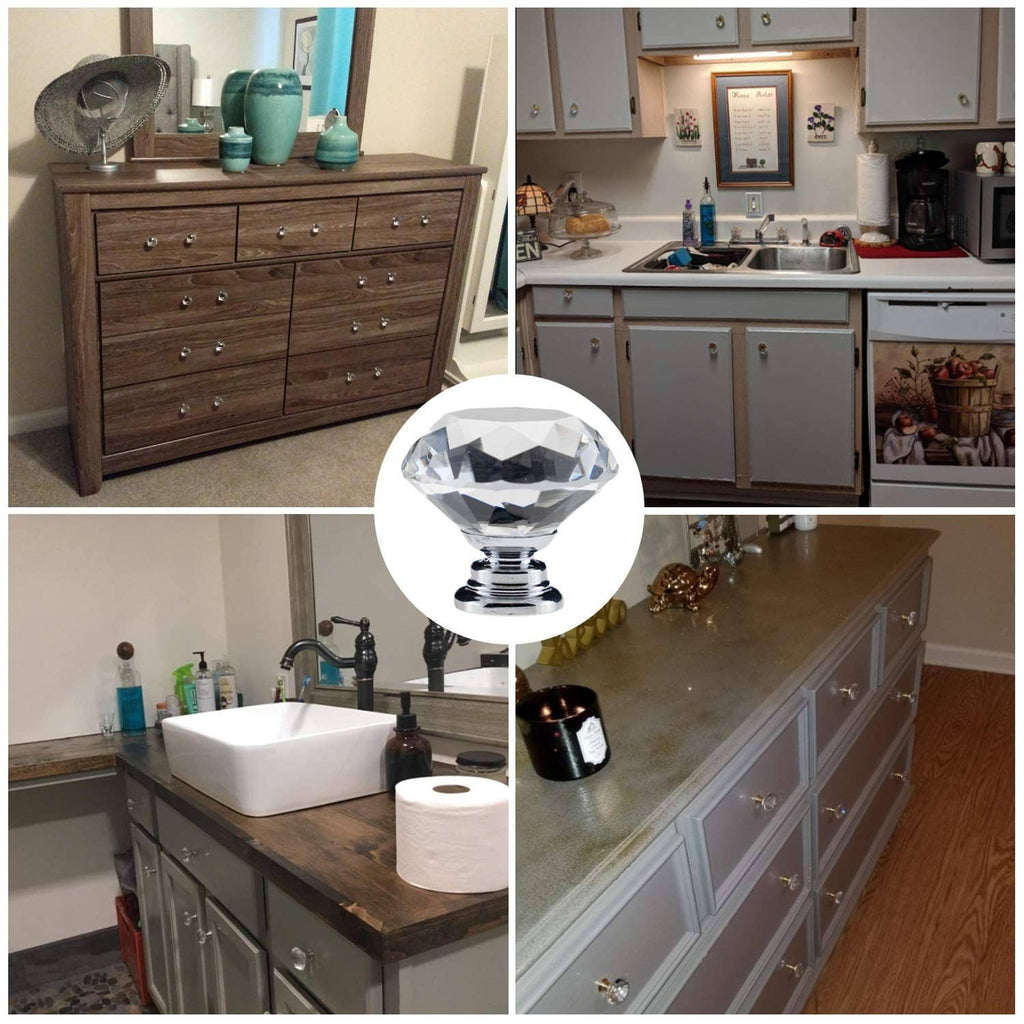 Diamond-cut crystal drawer knob with chrome threaded stem and round mounting base