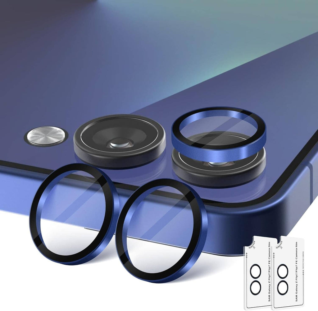 Camera lens protector set with blue rings and clear covers for phone lenses