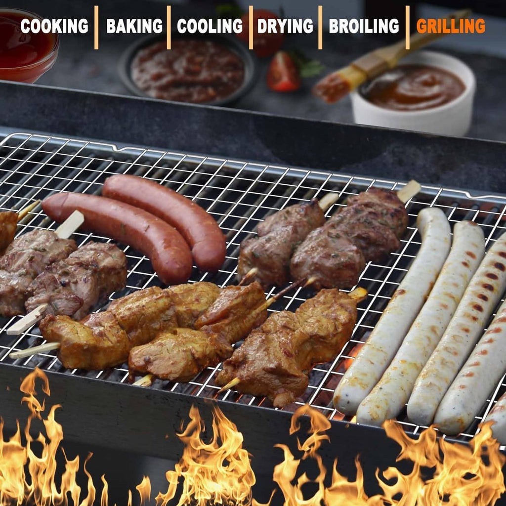 Silver wire cooling rack holding grilled meats and hot dogs on the grid