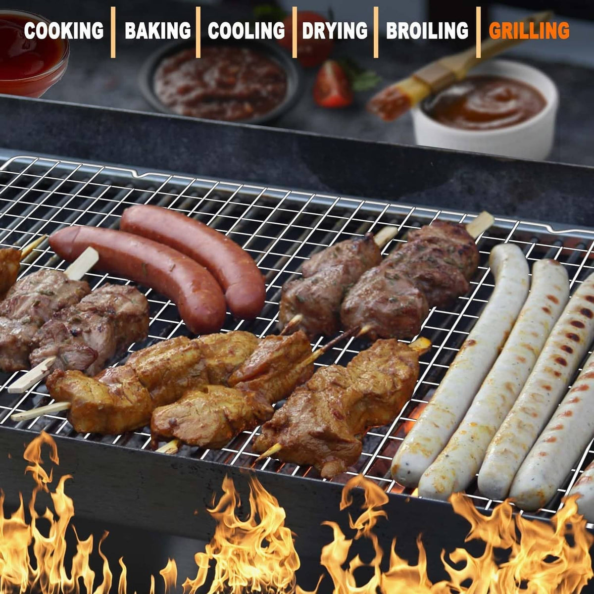Silver wire cooling rack holding grilled meats and hot dogs on the grid