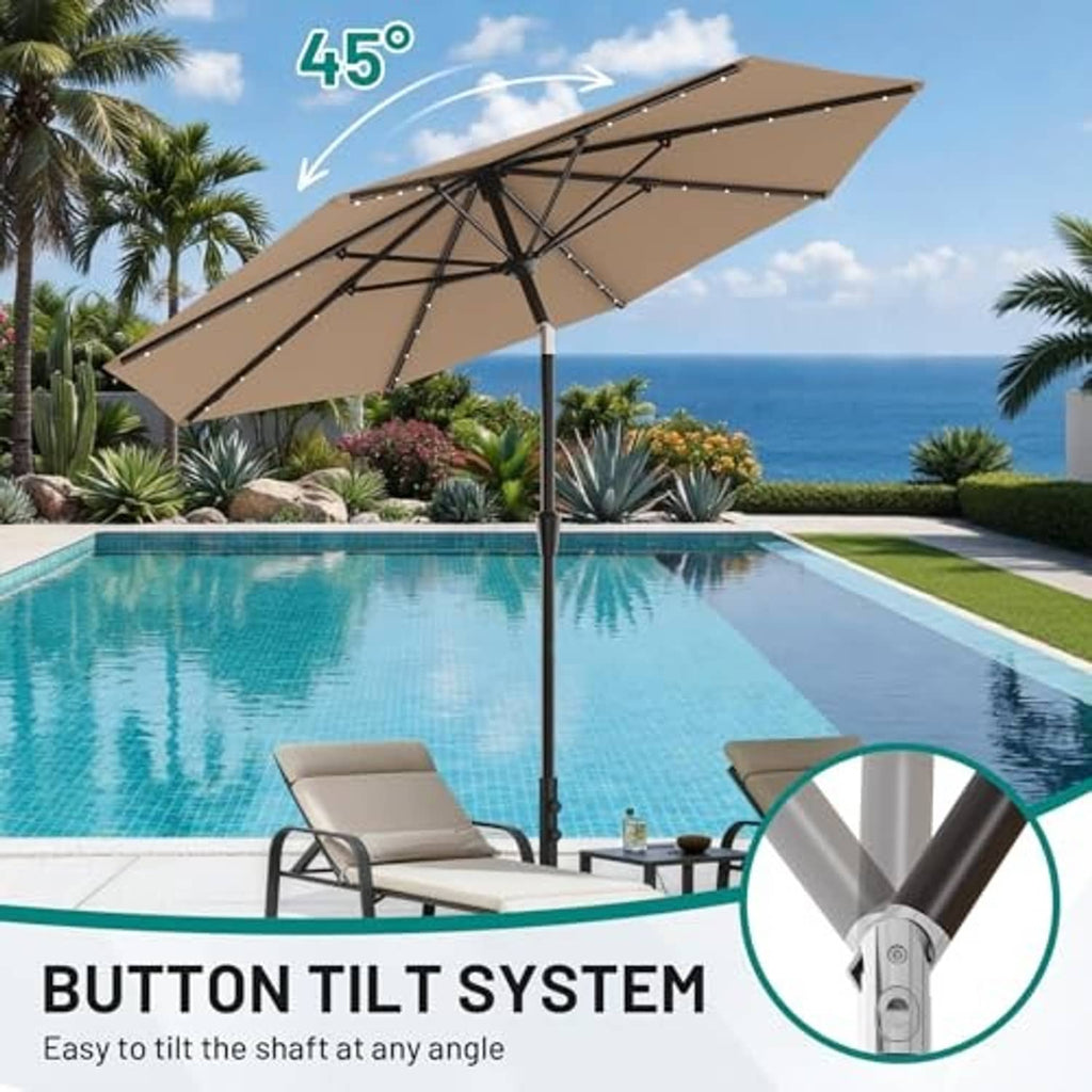 Beige patio umbrella with solar light strips and tilt crank pole