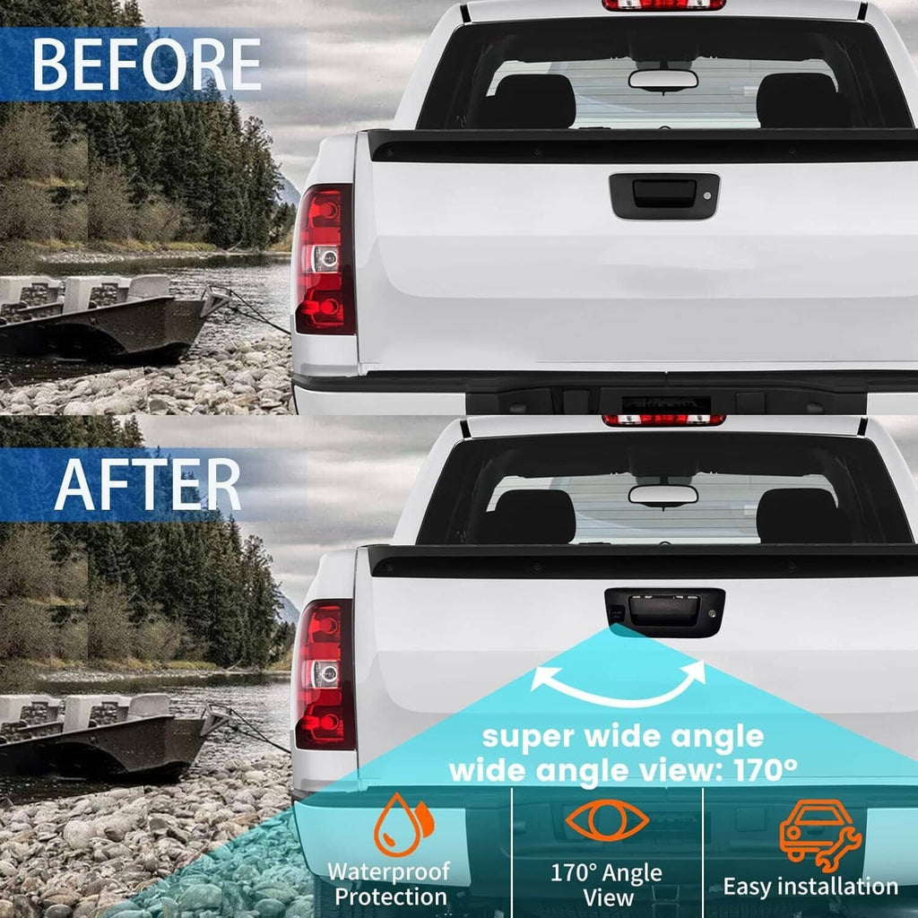 Installed backup camera on tailgate with wide-angle viewing inset
