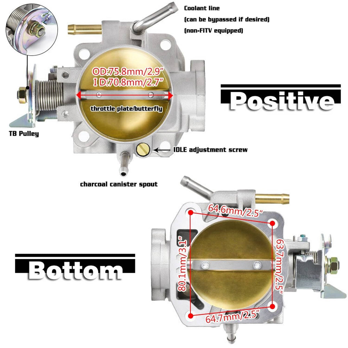 Throttle body unit with gold-brown bore, throttle plate and coolant line ports