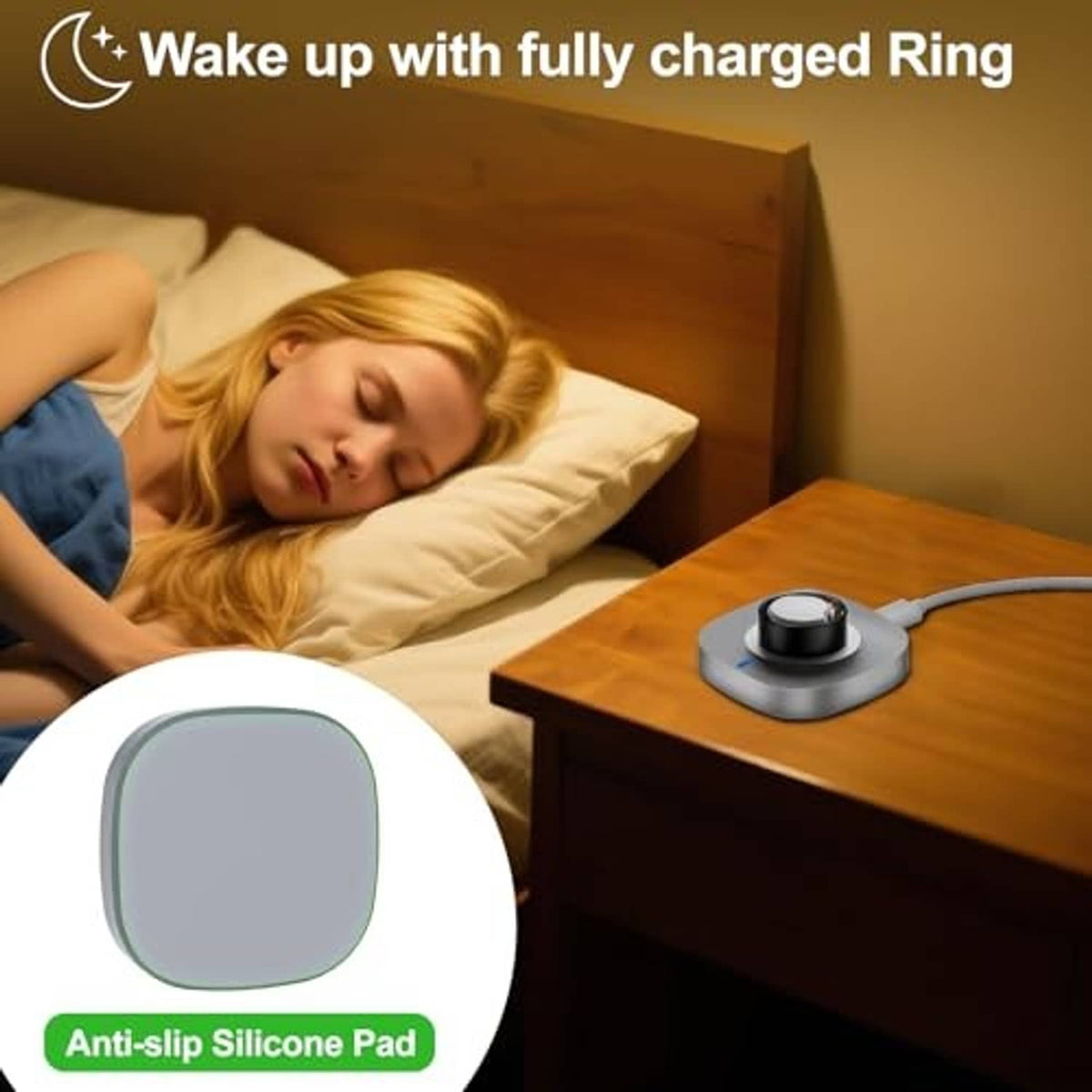 Charging dock on a bedside table with glowing cradle for ring charging
