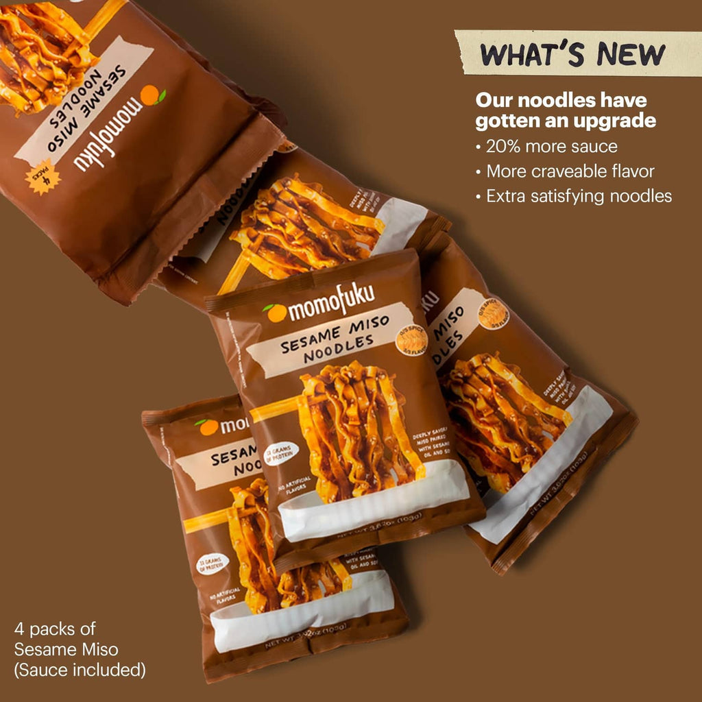 Sesame miso noodles, four brown packs with sauce included and product sachets