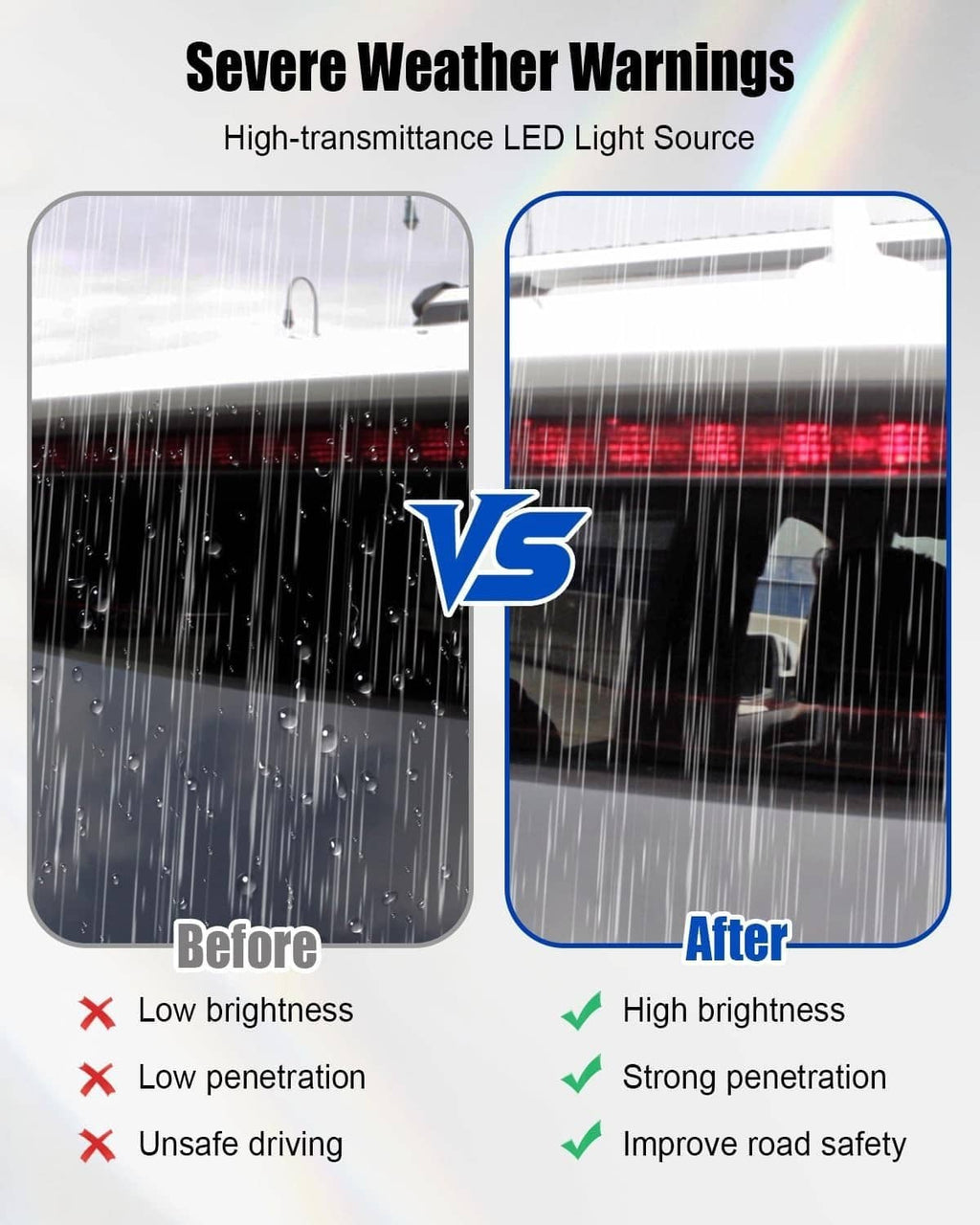 Center LED third brake light bar under heavy rain with bright LED strip