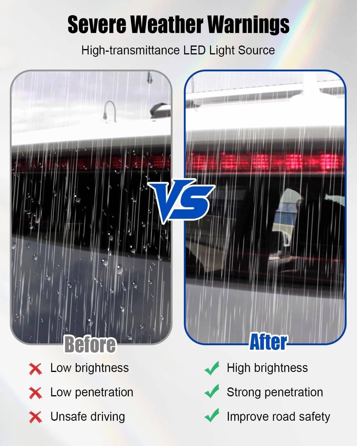 Center LED third brake light bar under heavy rain with bright LED strip
