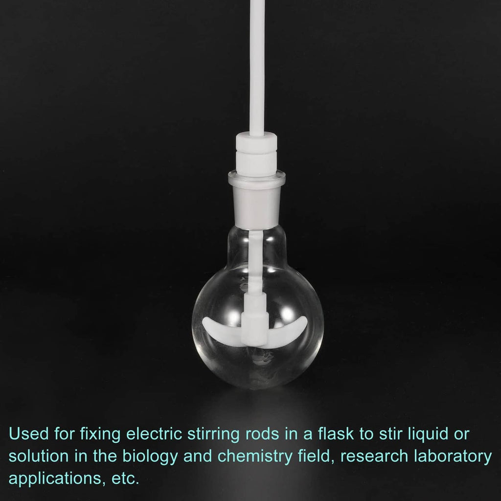 PTFE-coated stirring rod inserted through a glass flask for liquid mixing