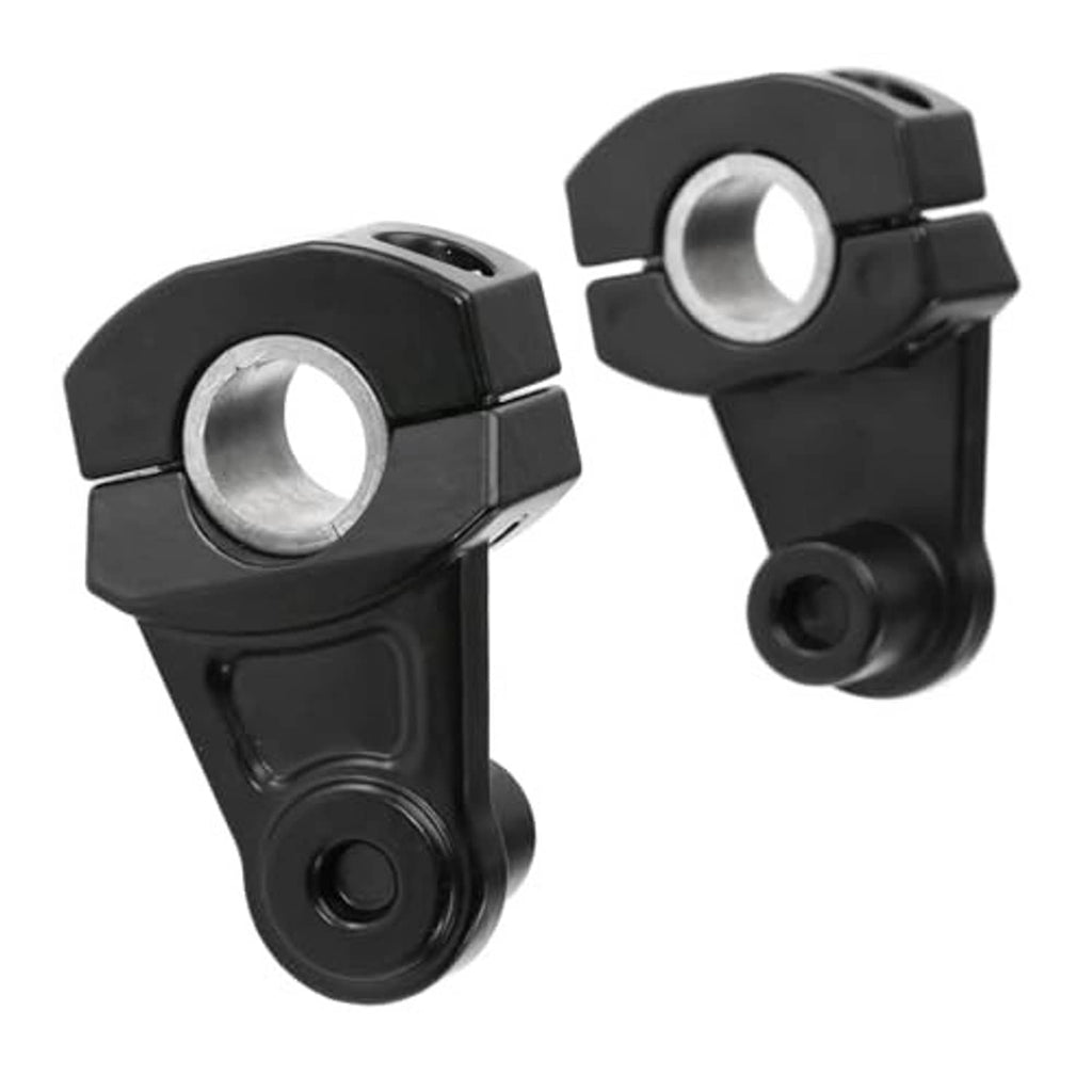 Two black handlebar riser mounts with silver ring centers and side bolt posts