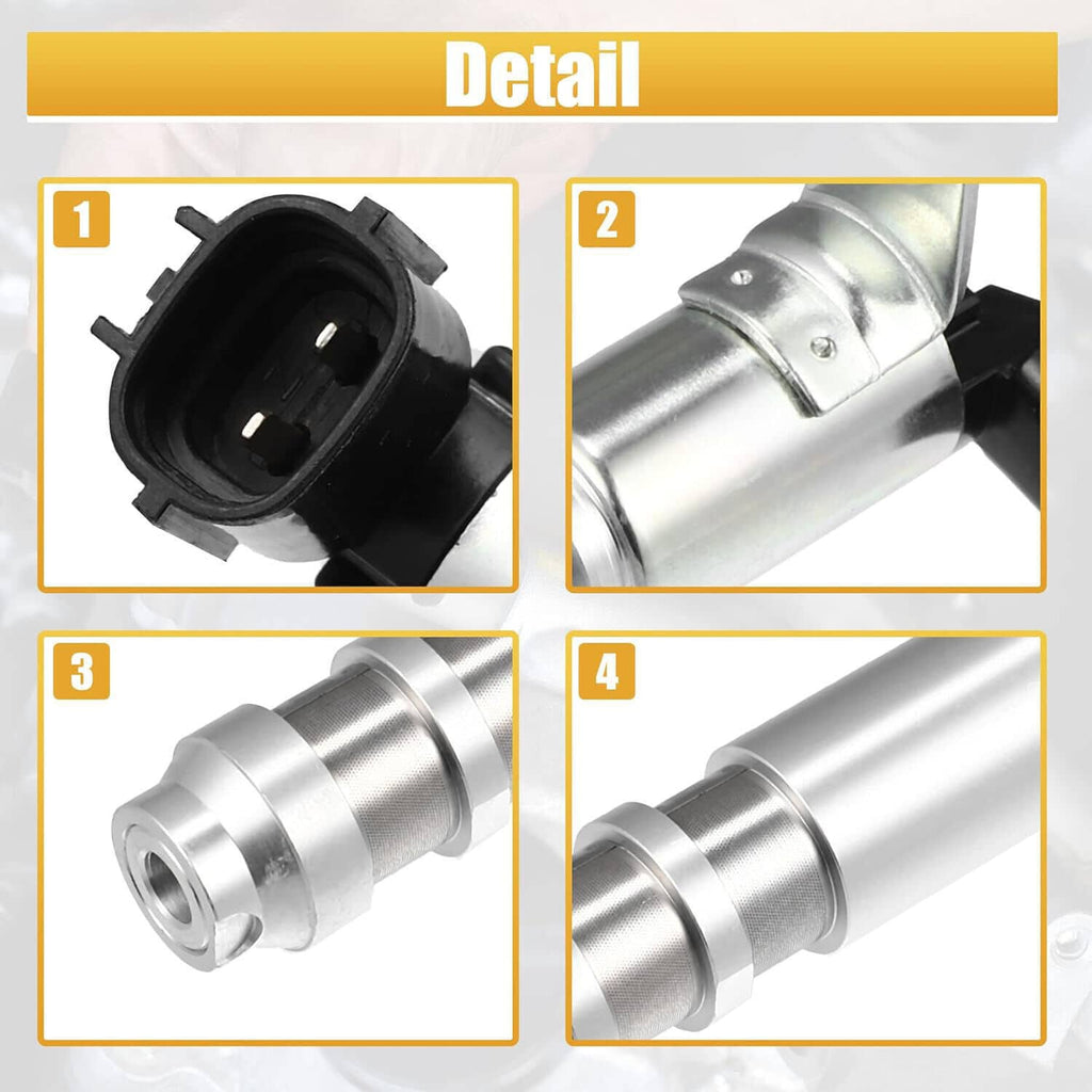 Close-up details of variable timing solenoid: black connector and silver metal body