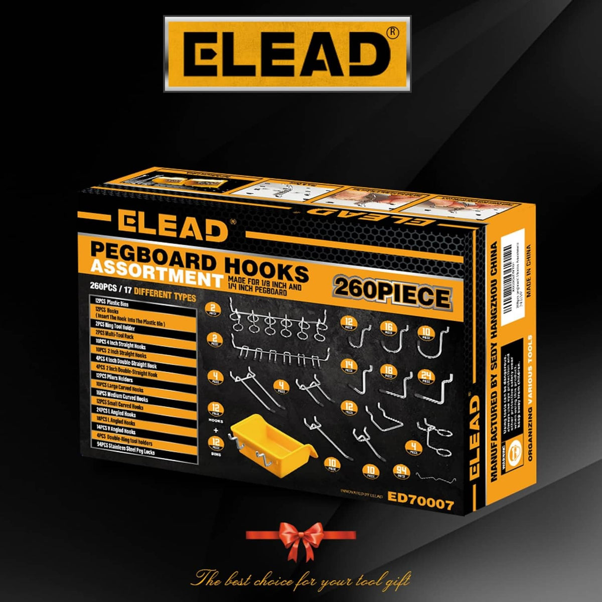 ELEAD pegboard hook assortment box, 260-piece pack for 1/8 and 1/4 pegboards