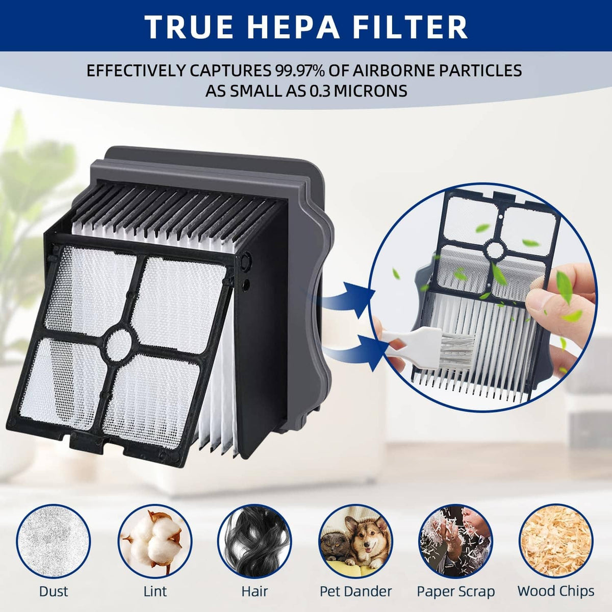 True HEPA filter replacement with black frame and pleated filter media