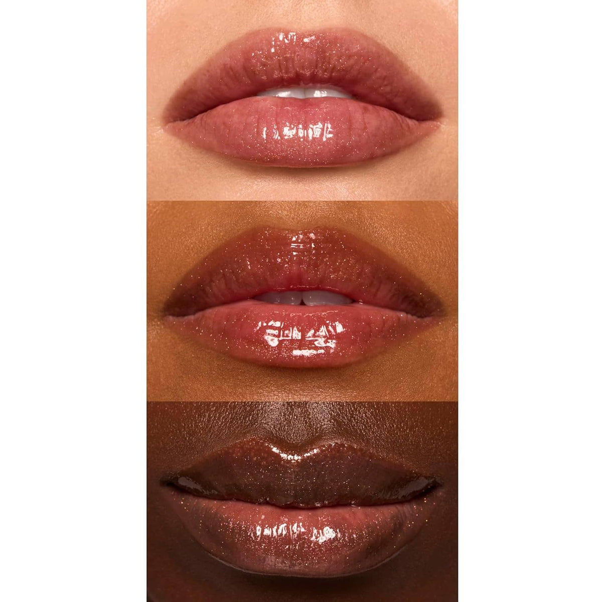 Shimmering bronze-brown lip gloss on lips with high-shine finish