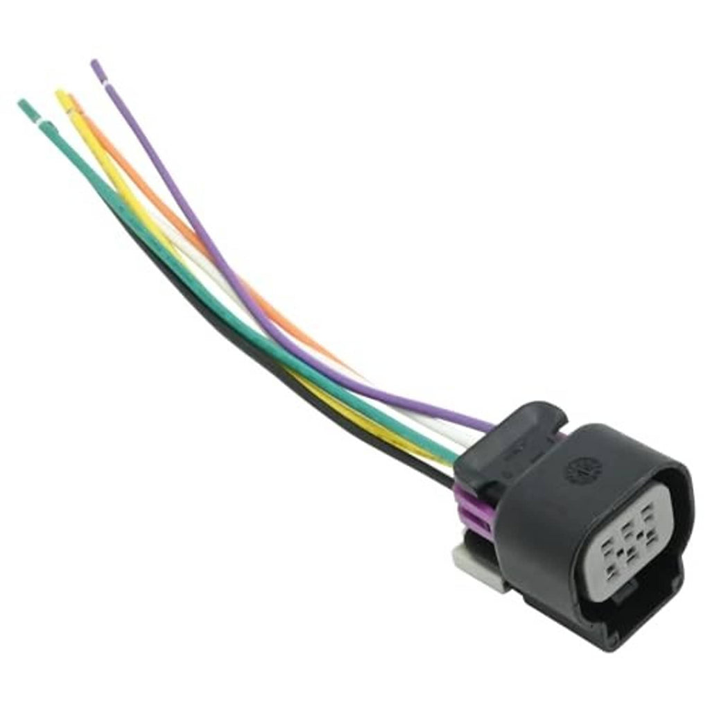 6-pin throttle body connector with multicolor wires and black plug, angled view