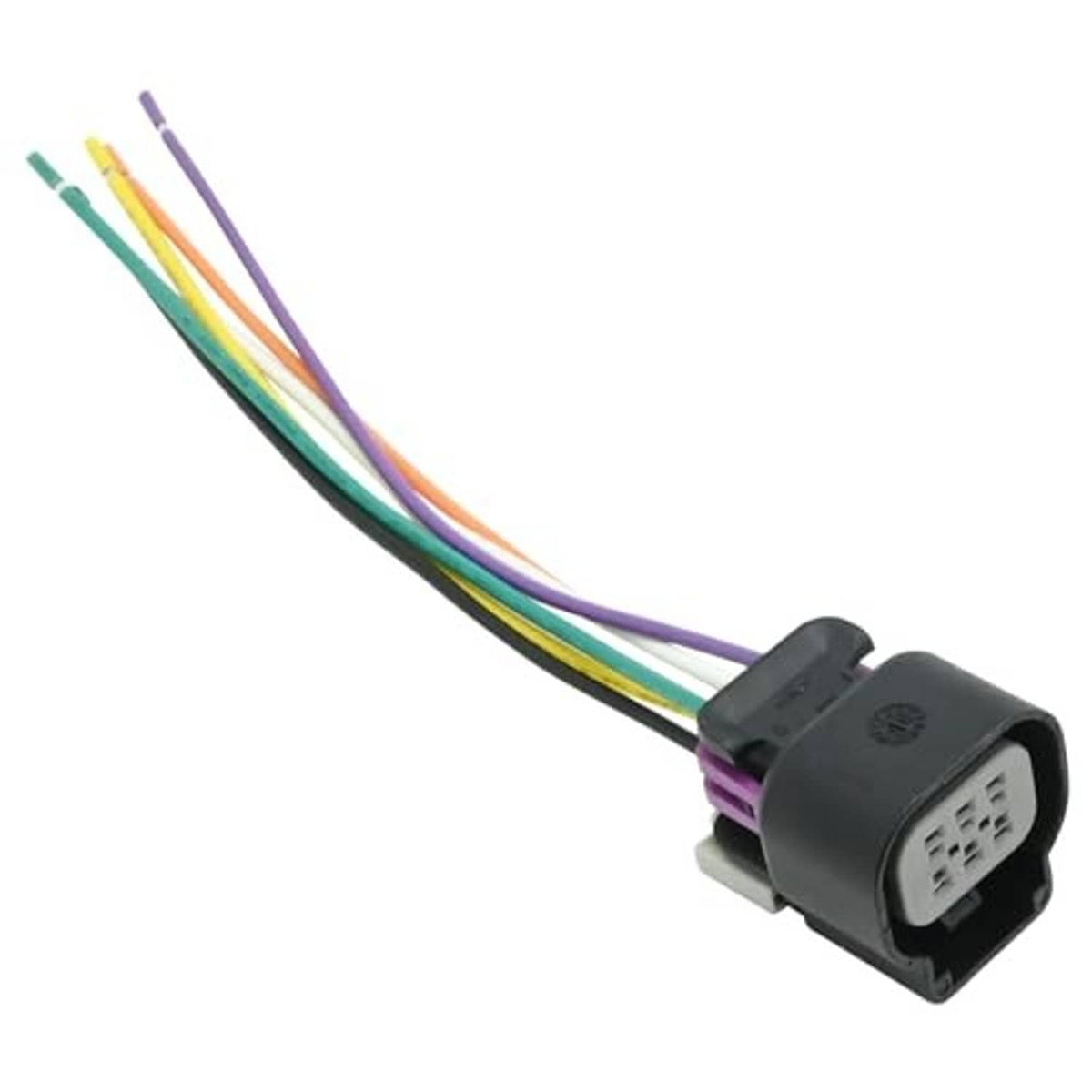 6-pin throttle body connector with multicolor wires and black plug, angled view