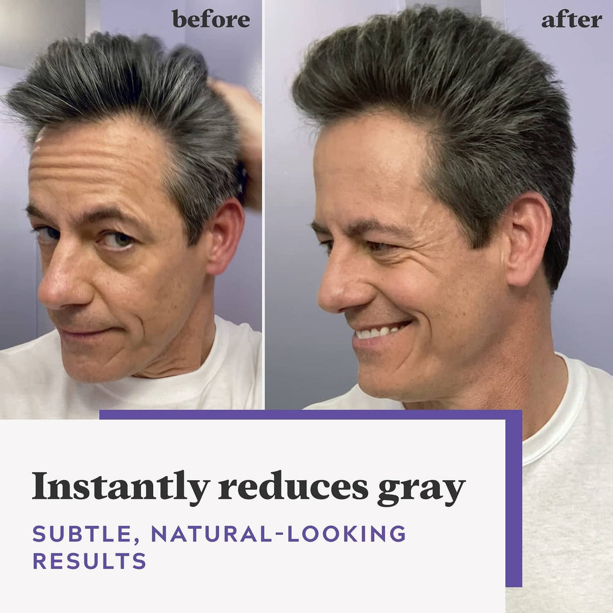 Men's hair color before-and-after side profile with natural-looking darker hair