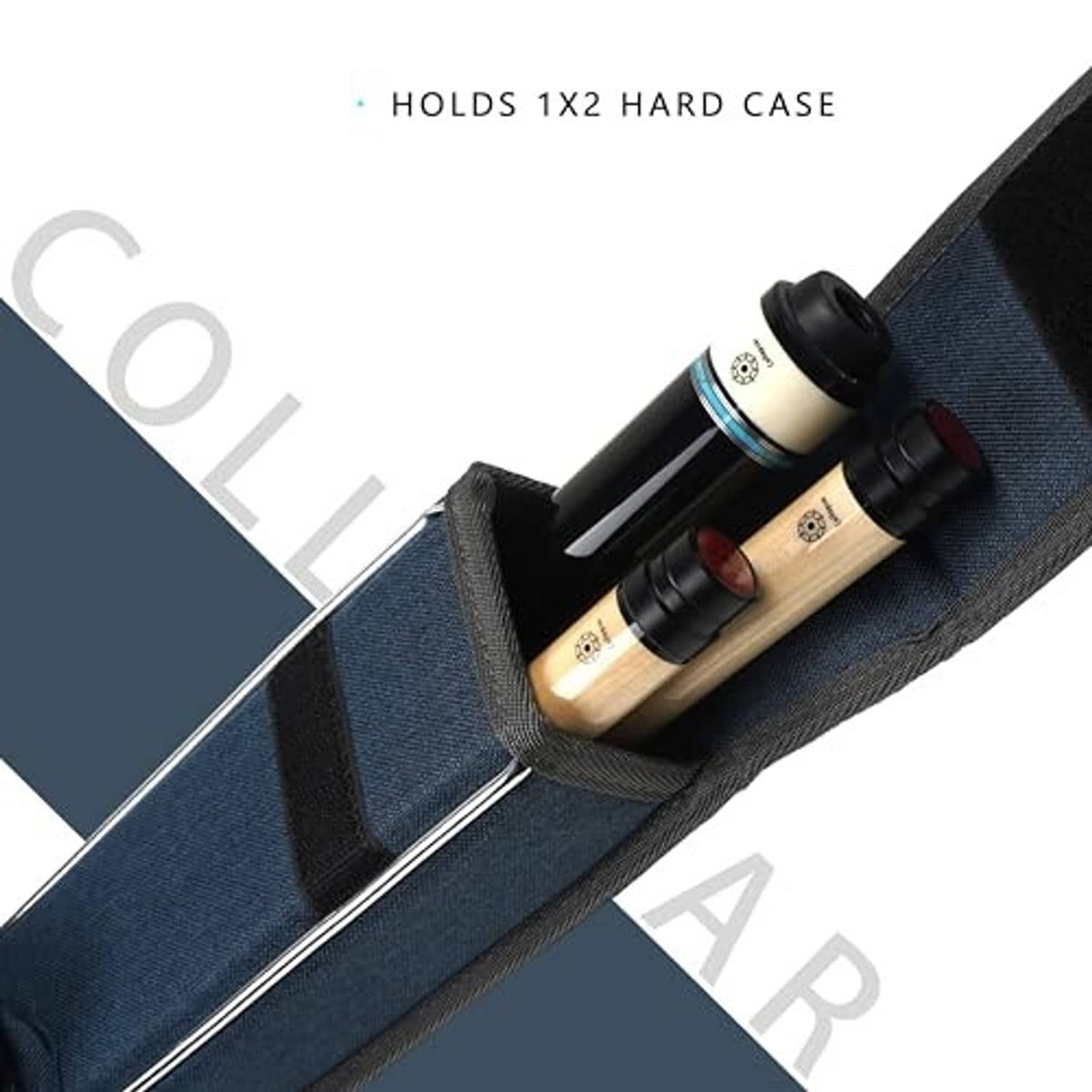 Blue 1x2 pool cue case with denim-style fabric and padded strap opening