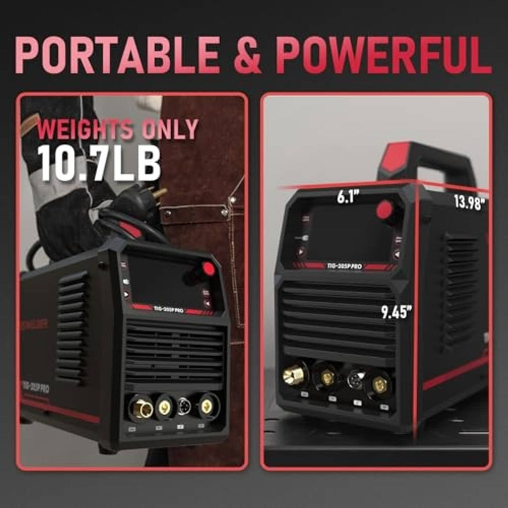 Portable TIG welder with compact size callouts and front connector panel