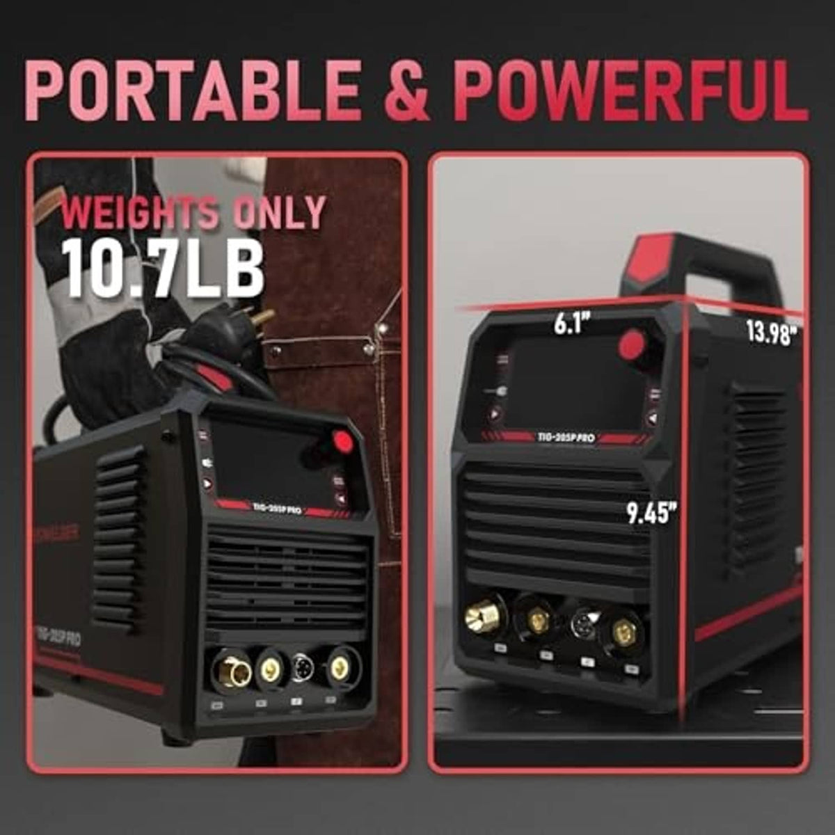 Portable TIG welder with compact size callouts and front connector panel