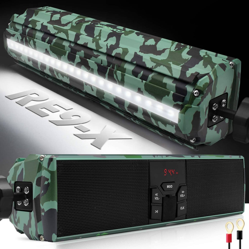 Camo green motorcycle Bluetooth speaker bar with illuminated LED strip and end mounting brackets