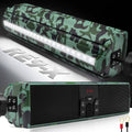 Camo green motorcycle Bluetooth speaker bar with illuminated LED strip and end mounting brackets