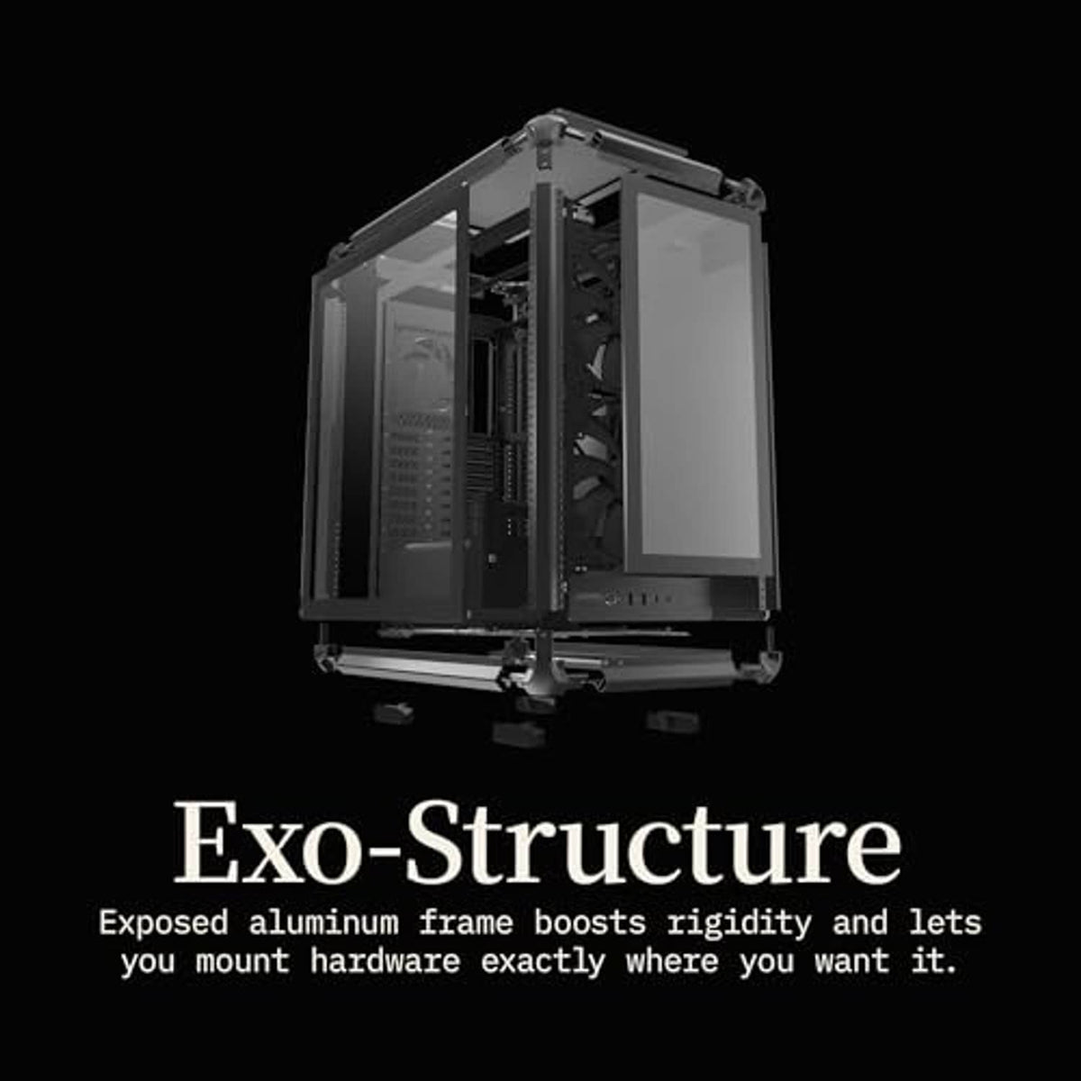 PC case open aluminum frame structure with clear panels and mount points