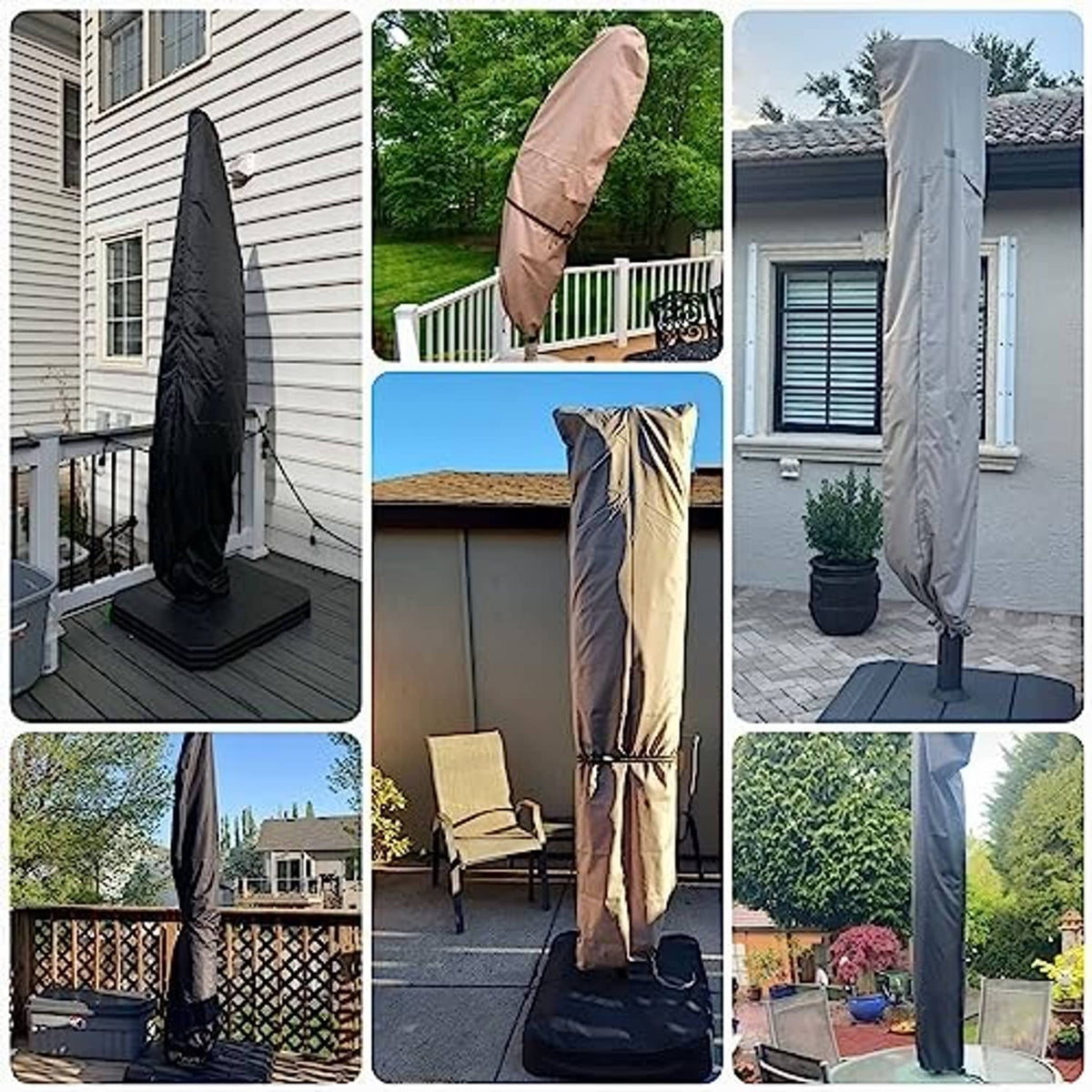 Gray cantilever patio umbrella cover installed over an outdoor umbrella stand.
