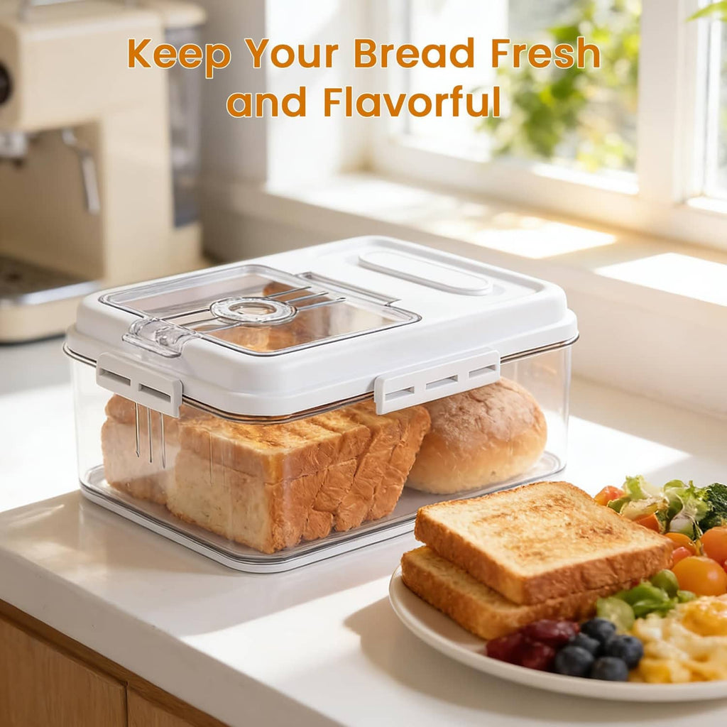 White countertop bread box with transparent sides and hinged lid