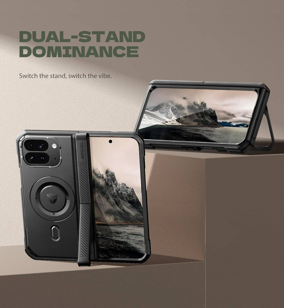 Rugged fold phone case with dual kickstands, phone upright with back and camera visible