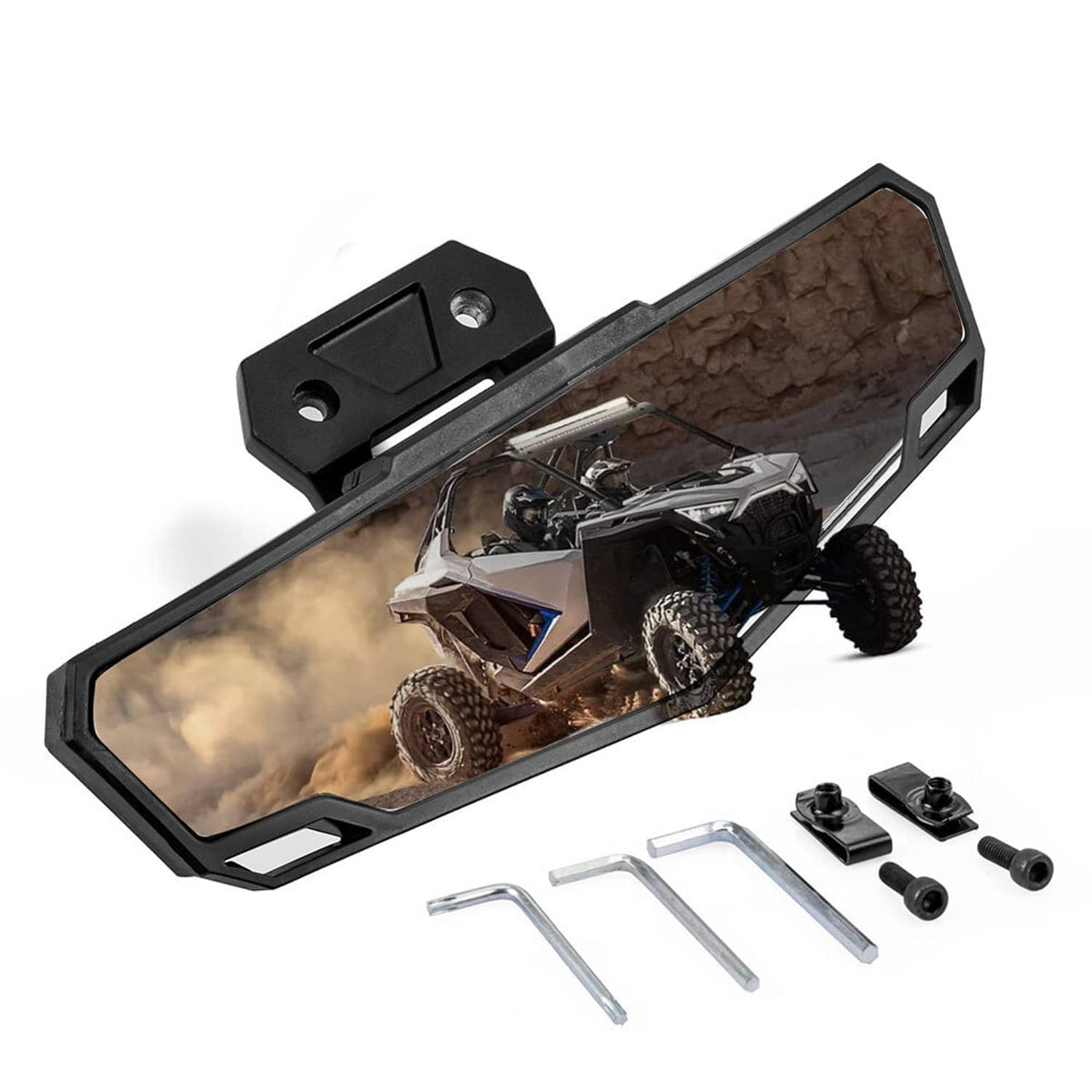 Convex UTV mirror assembly with black frame, mounting bracket, and hardware
