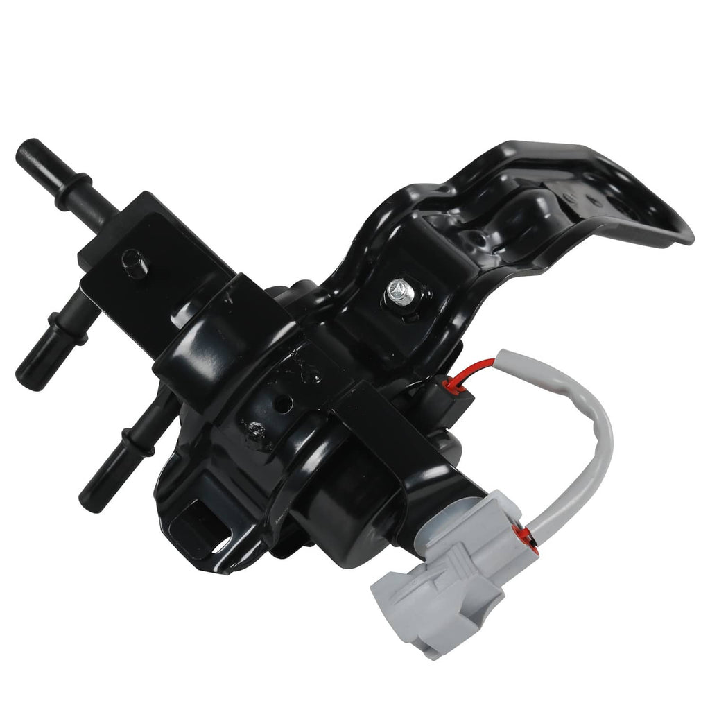 Black fuel tank reservoir valve assembly with wiring connectors and mounting bracket