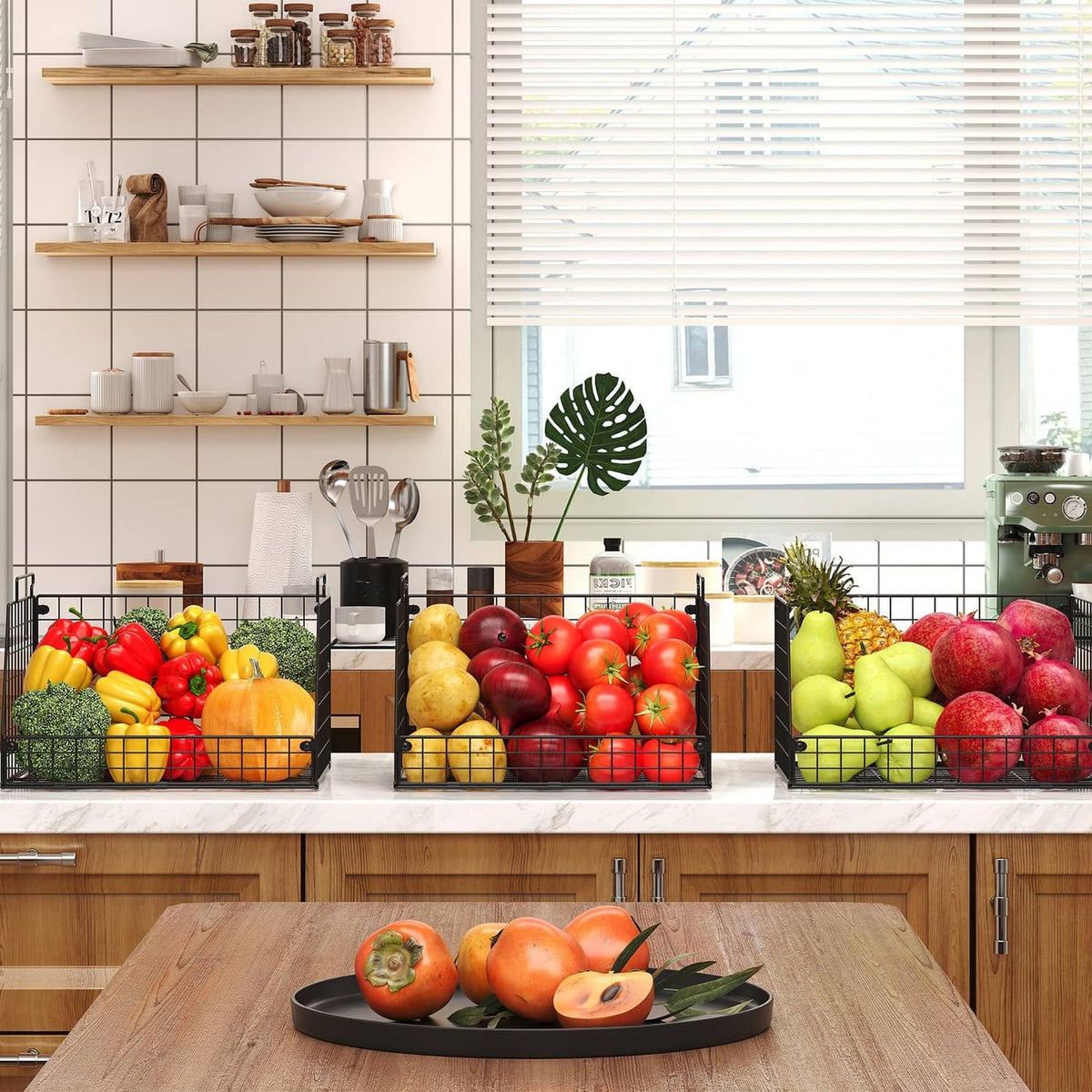 Black wire storage baskets filled with assorted fruits and vegetables