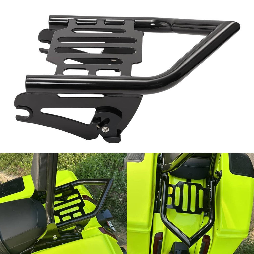 Black detachable luggage rack with slotted deck and curved mounting arms